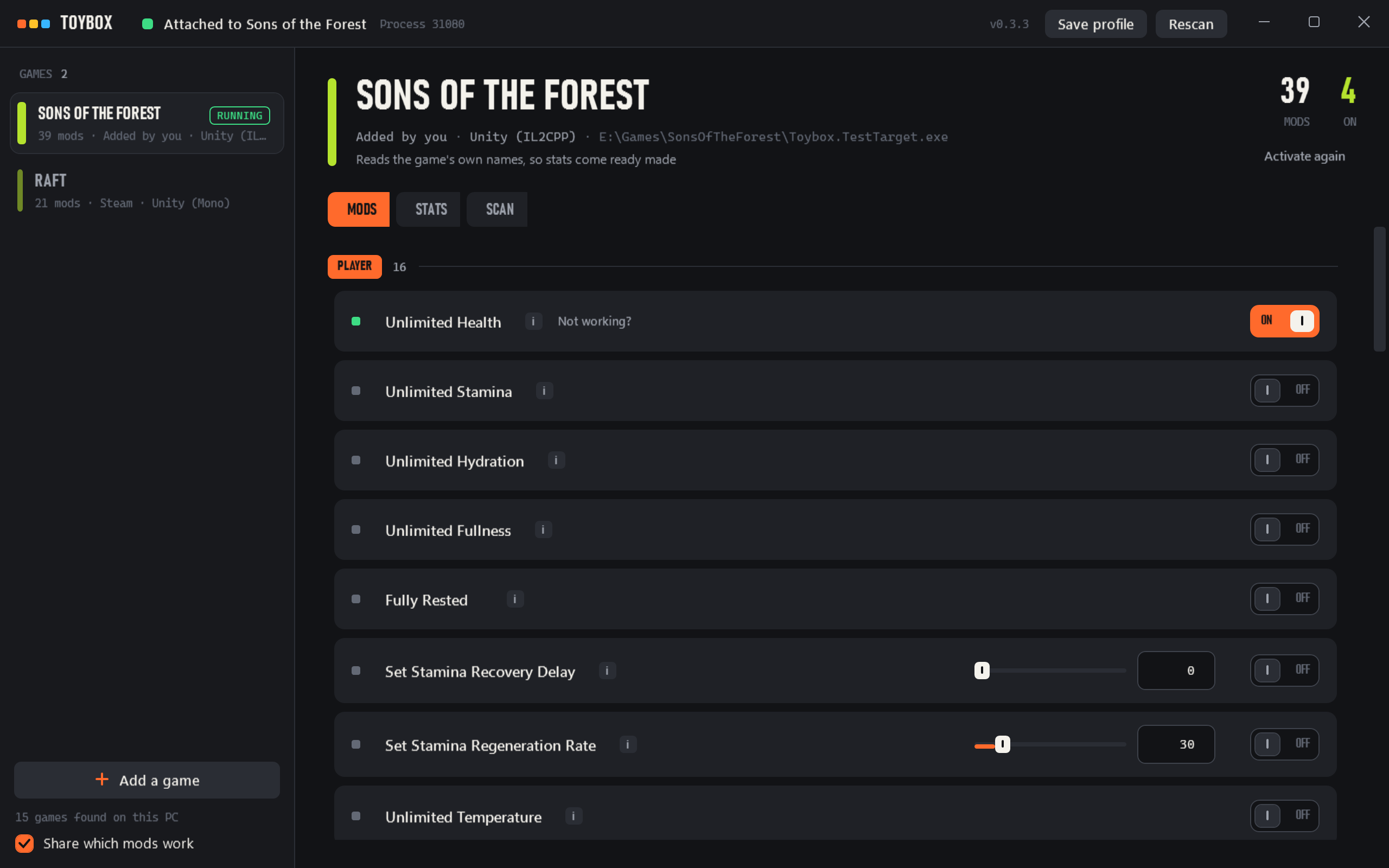 Toybox showing its Sons of the Forest mods, with Unlimited Health switched on