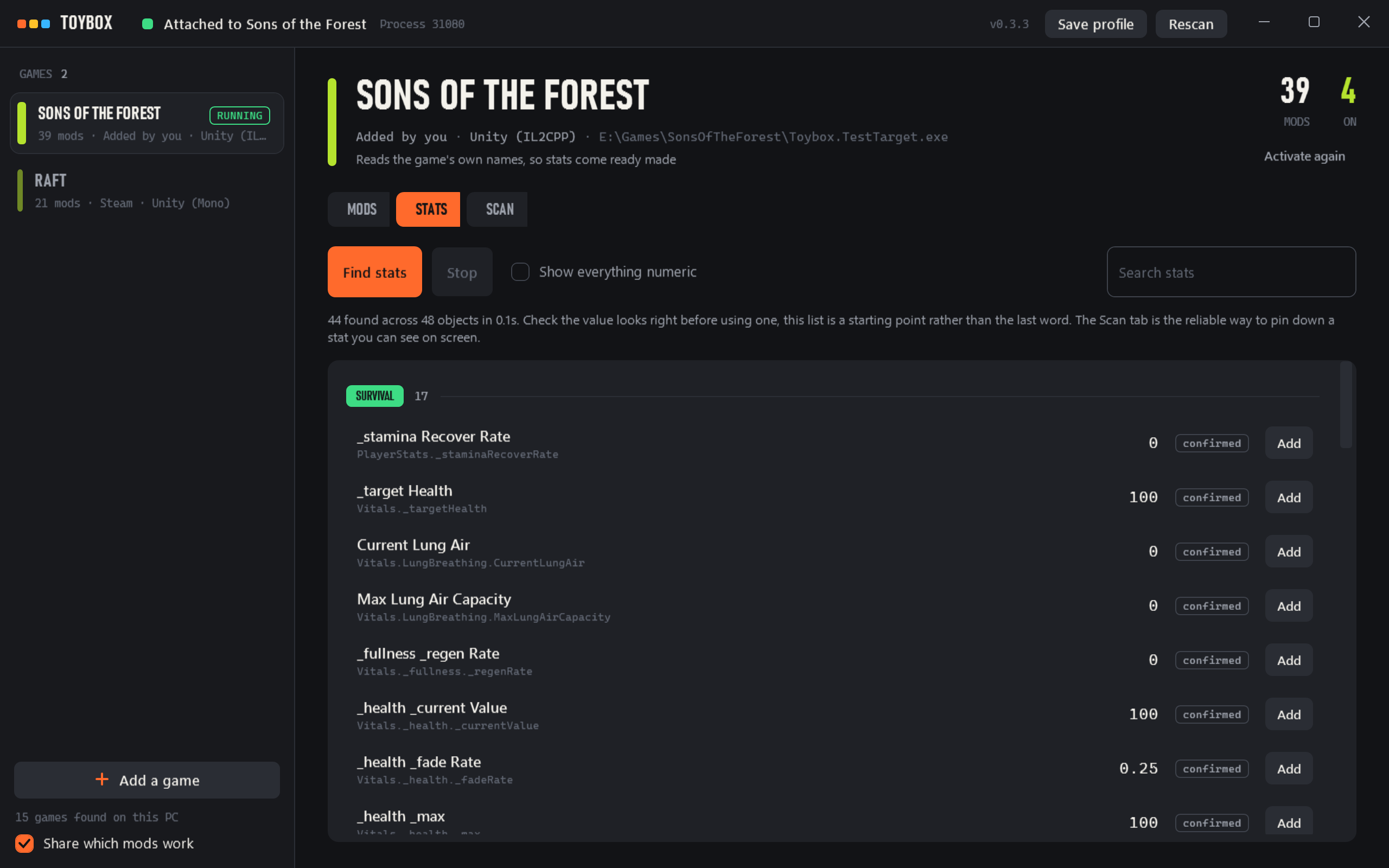The Stats tab listing live values from the game, grouped and named